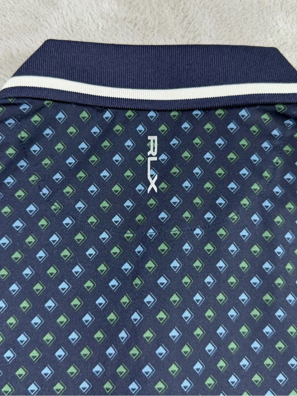 RLX Ralph Lauren Womens Geometric Golf Polo Shirt L Navy Tailored Fit